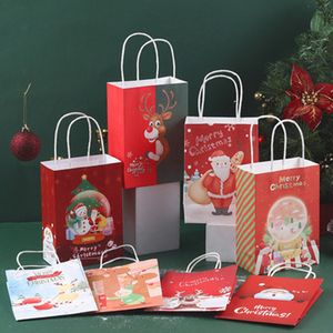 Christmas Gifts Shopping Bags Wrap Kraft Paper Tote Bag Saint Claus Deer Merry Xmas Tree Snowman Print Carrying Storage Take-out Gift Jewelry Packaging Accessories