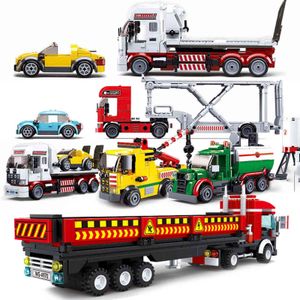 Wholesale tank block toys for sale - Group buy City Vehicle Van Tow Traile Truck Flatbed Pulling Car Building Model Block Toy Container Oil Tank Transport Wagon Technique Y0928