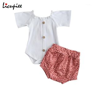 Conjuntos de vestuário 0-24 meses 2 pcs baby meninas outfit verão respirável cor sólida botão de manga curta romper + casual leopardo ponto shorts