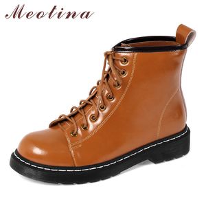 Meotina Stiefeletten Damen Schuhe Echtes Leder Plattform Flache Kurze Stiefel Runde Spitze Schnürstiefel Damen Herbst Schwarz Braun 39 210520