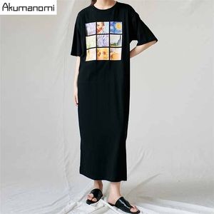 Czarne Kobiety Bawełniane Długie Sukni Sukienki Lato Plus Rozmiar 7XL 6XL 5XL 4XL XXXL XXL O Neck Krótki Rękaw MAXI Loose Dress Casual 210409