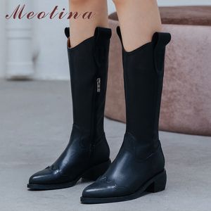 Western Boots Women Shoes Real Leather Mid Heel Calf Pekade Toe Chunky Heels Zip Ladies Höst Vinter 210517
