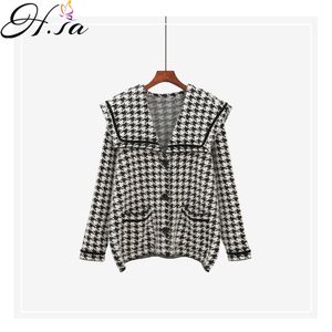 H.SA Women Spring Houndstooth Black White Retro Sweater and Cardigans Turn Down Collars Big Pocket Loose Knit Jacket 210417