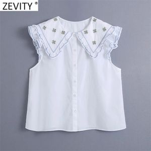 Mulheres Doce Bordado Peter Pan Collar White Poplin Camisa Fêmea MangaSs Blusa Blusa Roupas Chic Chamise Tops LS9279 210420