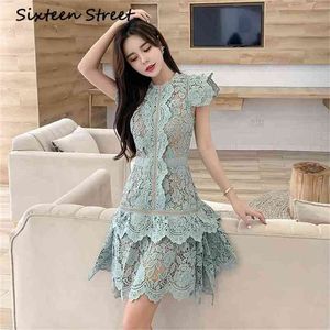 Mint Green lace dress woman Summer patchwork hollow out high waist O Neck mini female asymmetric bodycon 210603