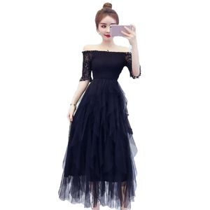 Party klänning kvinnor rosa svart 19 vår höst koreanska temperament oregelbunden ett ord krage maxi vestido feminina lr556 210531