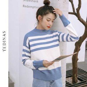 Yedinas Gestreifter gestrickter Pullover Frauen Herbst Langarm O Veck Jumper Damen Koreanische Adrette Winter Tops 210527