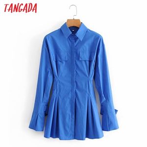 Fashion Women Solid Blue Shirt Plus Long Sleeve Ladies Turn Down Collar Tunic Mini Dress Vestidos 5D46 210416