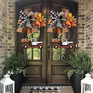 New Halloween Farmhouse Wreath Decorations Vintage Kitchen Thanksgiving Pumpkin Truck Wreath Window Door Wall Decor Hanging 2021 Y0901