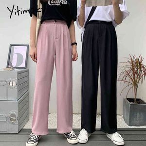 Elastyczne spodnie w talii kobiety formalne damy proste spodnie różowe czarne brzeg streetwear koreański spodnie 211124