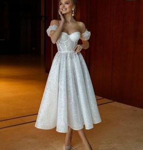 Shiny Glitter Tulle Wedding Dress Sweetheart Boning Fitted Bodice Tea Length Bride Dresses Vestidos de novia 2022