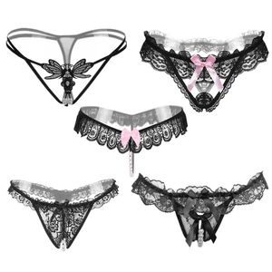 5pcs/lot 5 Style Black Color Pearl Pantie Underwear Sexy G String Lace Thongs Low Waist Bowknot Strings 210730
