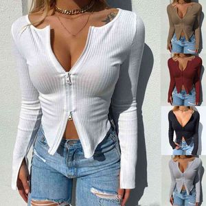 Frauen T-shirt Frühling Herbst Kleidung Gerippte Gestrickte Lange Hülse Crop Tops Zipper Design T-stück Sexy Weibliche Dünne Schwarz Weiß tops 210518