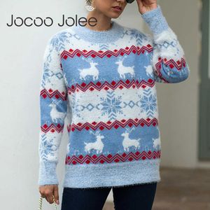 Jocoo Jolee Women Christmas Sweater Winter Deer Snow Print Pullover Casual Warm Thick Jumper Years Knitwear Gift 210619