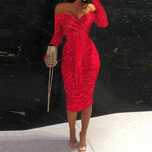 Spring Office Lady Sexy Fashion Sequins Leopard Print Dress Women Slim Midi Dress Elegant Off Shoulder Long Sleeve Party Dresses Y1204