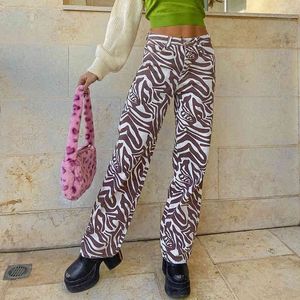 Braune Zebra-Druck Y2K-Jeans für Mädchen weiblich lässig Damen Vintage gerade Denim-Hosen Baggy hoch taillierte Hose Capris 210415