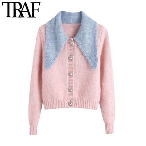 Women Sweet Fashion Gem Button Cropped Knitted Cardigan Sweater Vintage Long Sleeve Female Outerwear Chic Tops 210507