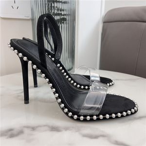 Dorywczo projektant Sexy Lady Moda Kobiety Sandały Czarny zamszowe Oryginalna skóra PVC Wyczyść Spiosły Spikes Rount Toe Slingback High Heels Party Shoes