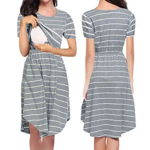 Maternity Striped Dress Maternity Round Collar Stripes Fulltryck Vit knälängd Oregelbunden Kjol Kortärmad Nursing Dress G220309