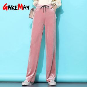 Taglie forti Pantaloni a gamba larga da donna a vita alta Autunno Inverno Lungo sciolto Velluto dorato Donna Casual Slim 210428