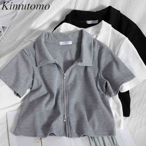 Kimutomo Frühling Sommer Elegantes T-Shirt Frauen Umlegekragen Kurzarm Doppelreißverschluss Kurze Tops Stricken Casual 210521