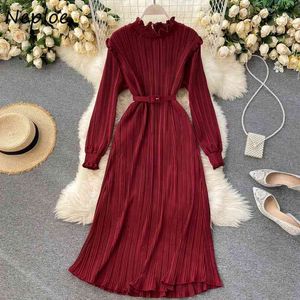 Neploe Fungus Stand Collar Slim Fit Pleated Dresses Autumn Chic Sashes Femme Vestidos Solid Color Fashion Dress Women 210423