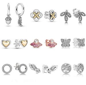 Pan Rose gold Silver Diamond Stud Earrings Jewelry Round Wings Hearts Butterflies Designer Women Earring Valentine's Day Gift