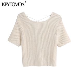 Women Fashion Backless Cross Straps Cropped Knitted Sweater O Neck Short Sleeve Female Pullovers Chic Tops 210420