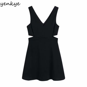 Seksi Yan Açılış Bel Elbise Kadın V Boyun Kolsuz A-Line Mini Vintage Siyah Kadın Yaz Tankı Vestido 210430