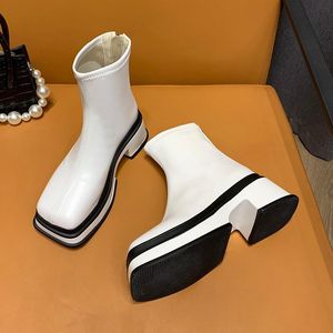 Botas clássicas 6 cm grosso saltos plataforma nua mulheres 2021 outono moda quadrado dedo do pé zip escritório senhoras boot qualidade