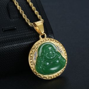 Rostfritt stål Skratta Buddha Halsband Hip Hop Disc Maitreya Buddhas Hängsmycke Gem Halsband Smycken för Kvinnor Present