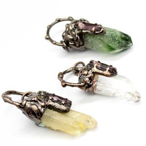 Handmade Freeform Quartz Healing Crystal Point Copper Rustic Pendant Prong Set Cut Feburary Birthstone Amethyst Gemstone Charm for Statement Jewelry Craft Making