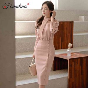 Abito da matita a spalla fredda rosa elegante da donna Moda Autunno Stand Collar Pulsanti Indossare per lavorare Midi 210603