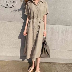 Women Summer Shirt Vintage Casual 3 Colors Loose Fashion Elegant Single-Breasted Cotton and Linen Long Dress 9238 50 210417