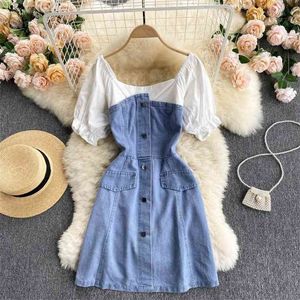 Kot Elbise Kadın Yaz Moda Patchwork O-Boyun Kısa Kollu Rahat Streetwear Kore Tarzı Kızlar A-Line Denim Elbiseler 210603