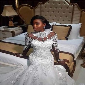 2021 Vestidos de casamento de sereia de luxo Sheer Manga Longa Pescoço Alto Pescoço Grânulos Capela Trem Africano Árabe Vestidos De Noiva Vestidos de Novia