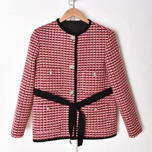 2021 Autumn Fall Long Sleeves Round Neckline Red Jacket French Contrast Color Tweed Double Pockets Buttons Single-Breasted Jackets Short Outwear Coats G127008