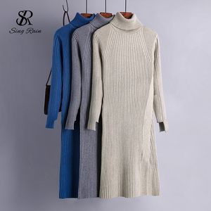 Frauen Rollkragen Gestrickte Kleid Koreanische Dünne Langarm Elastische Pullover Kleid Herbst Winter Verdicken Warme Split Kleider 210419