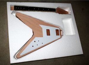 DIY-6 Strings Semi Finished V Shaped Electric Guitar with White Pickguard,Mahogany Body/Neck