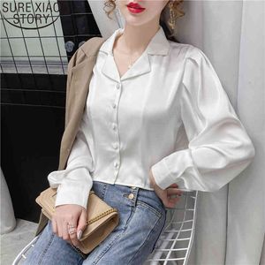 Solid White Long Sleeve Women Satin Shirt Office Lady Suit Collar Spring Autumn Silk Womens Tops and Blouses 10984 210417