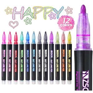 12 цветов металлический блеск красочные цветные наброски маркер Kawaii Art Marker двойная линия ручка для школьного рисования искусства поставляет Pen 210705