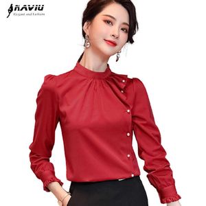 Röd silke skjorta kvinnor höst mode temperament irrgular ruffles står krage satin blouses kontor damer formella arbetsplatser 210604