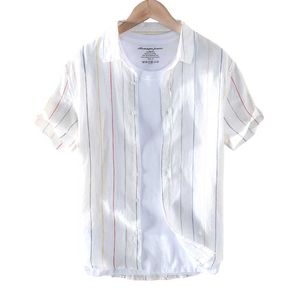 Camisas listradas de linho para homens casuais colarinho colarinho de manga curta tops masculino moda respirável roupa de alta qualidade verão 210601