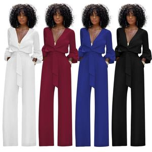 Women's Jumpsuits & Rompers Jumpsuit Women Casual Womens Sexy V Neck Ladies Solid Long Sleeve Summer Black White Blue Red -85