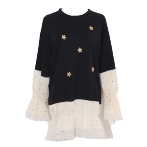 Women Winter Crew Neck Black Star Sequined Bling Sweatshirts Pullovers Casual Mesh Puff Sleeve Patchwork H0074 210514