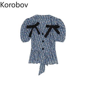 Korobov sommar ny vintage kvinnor blouses koreanska print turn - down krage puff hyle skjortor lacing bow knusas 210430