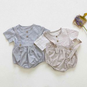 Yaz Yeni Yenidoğan Bebek Bebek Kız Erkek Ekose Kısa Kollu Bodysuit + Toddler Çocuklar Katı Moda Tulum 2 adet Set 210413