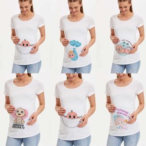 Schwangerschaftshemd Mutterschaft Nettes Baby Druck Oansatz Kurzarm T-Shirt Schwangere Tops Mama Kleidung Baby Ankündigung T-Shirt X0527