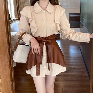 Comelsexy Vintage Pu Couro Sashes Mini Mulher Vestido Outono Elegnt Ruffles Manga Longa Khaki Chiffon Dress Feminino 210515