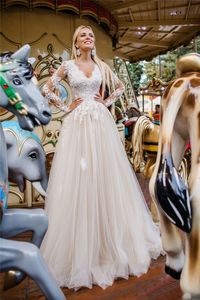 Long Sleeve A-Line Wedding Dresses Boho Beach Bridal Gowns 2021 Appliques Lace Beaded V-Neck Tulle Bride Dress Vestidos De Novia Court Train